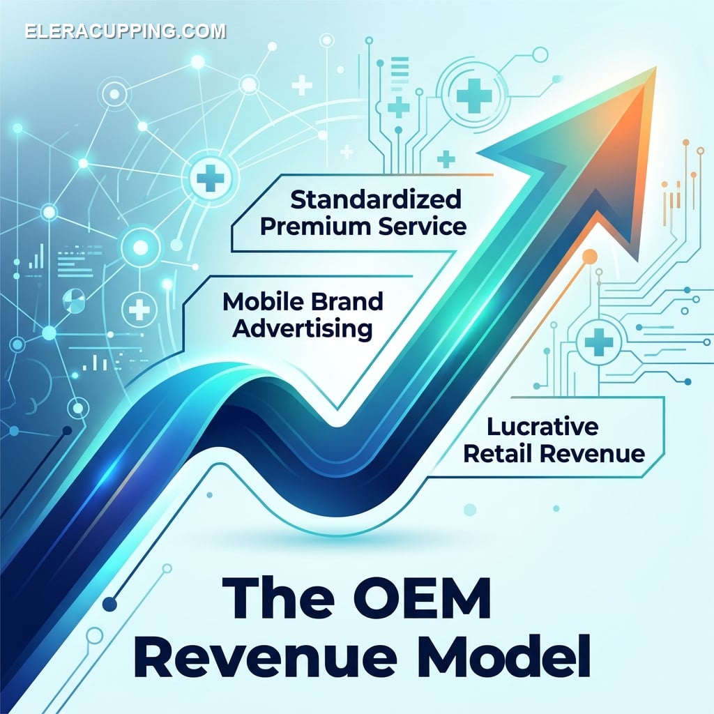 Vector infographic showing the OEM profit formula for clinics: Standardized Premium Service, Mobile Brand Advertising, and Lucrative Retail Revenue