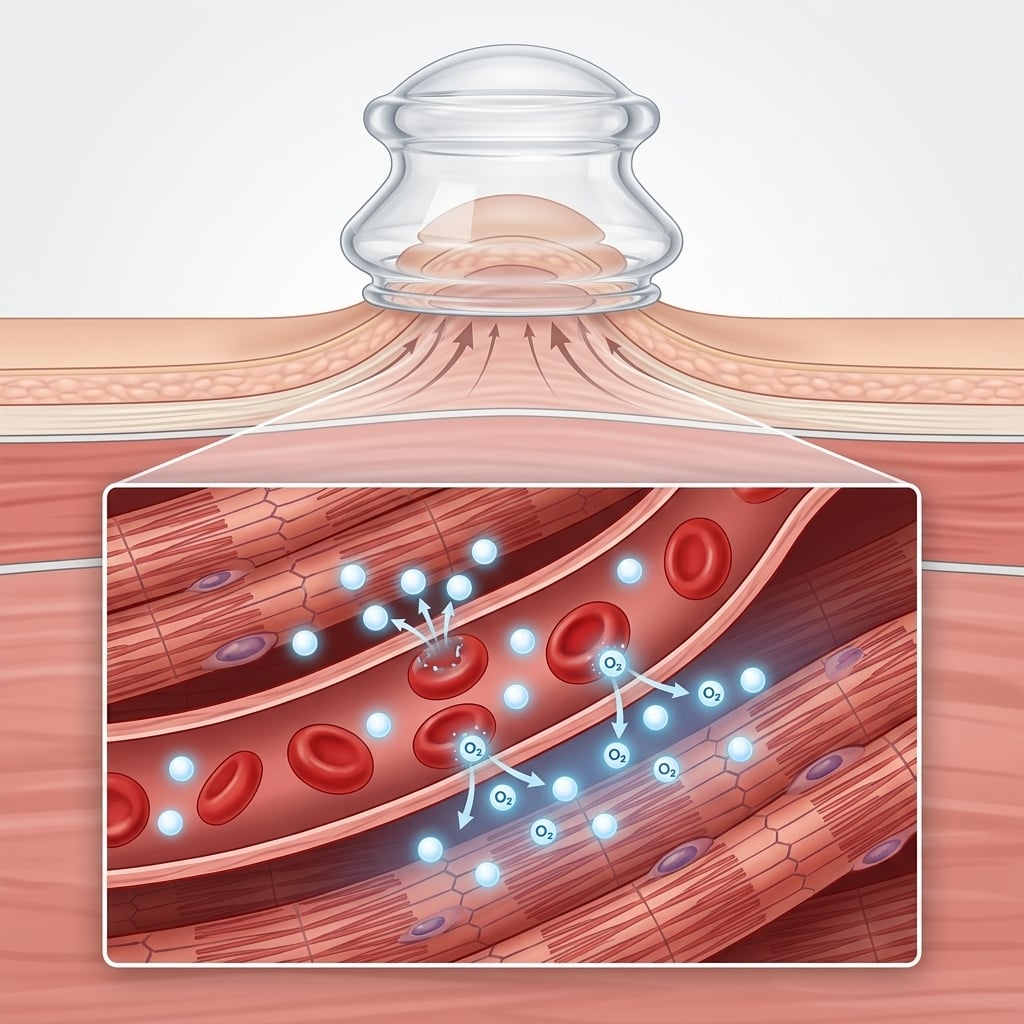 Microscopic clinical diagram showing a silicone cup lifting tissue while red blood cells offload glowing oxygen molecules directly into the muscle fibers.