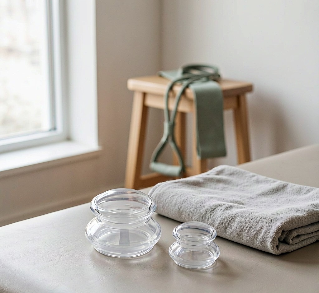Two transparent mushroom-shaped silicone cupping cups resting on a treatment table beside a folded towel, with a resistance band on a stool in the background of a physical therapy clinic room
