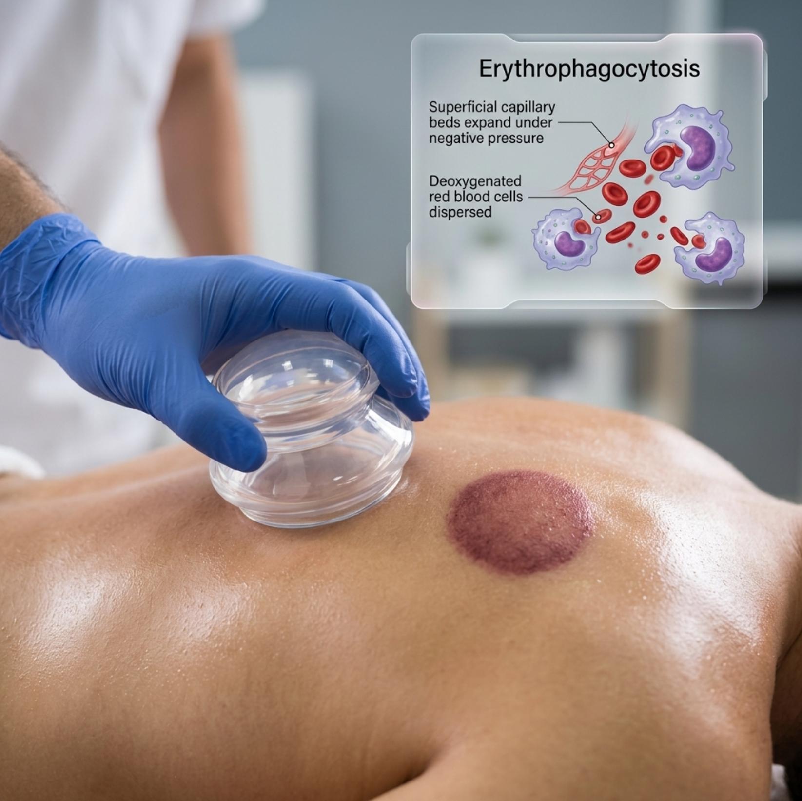Clinical cross-section showing a silicone cup lifting superficial fascia, creating a low-pressure space that diffuses stagnant fluid upward into lymphatic vessels.