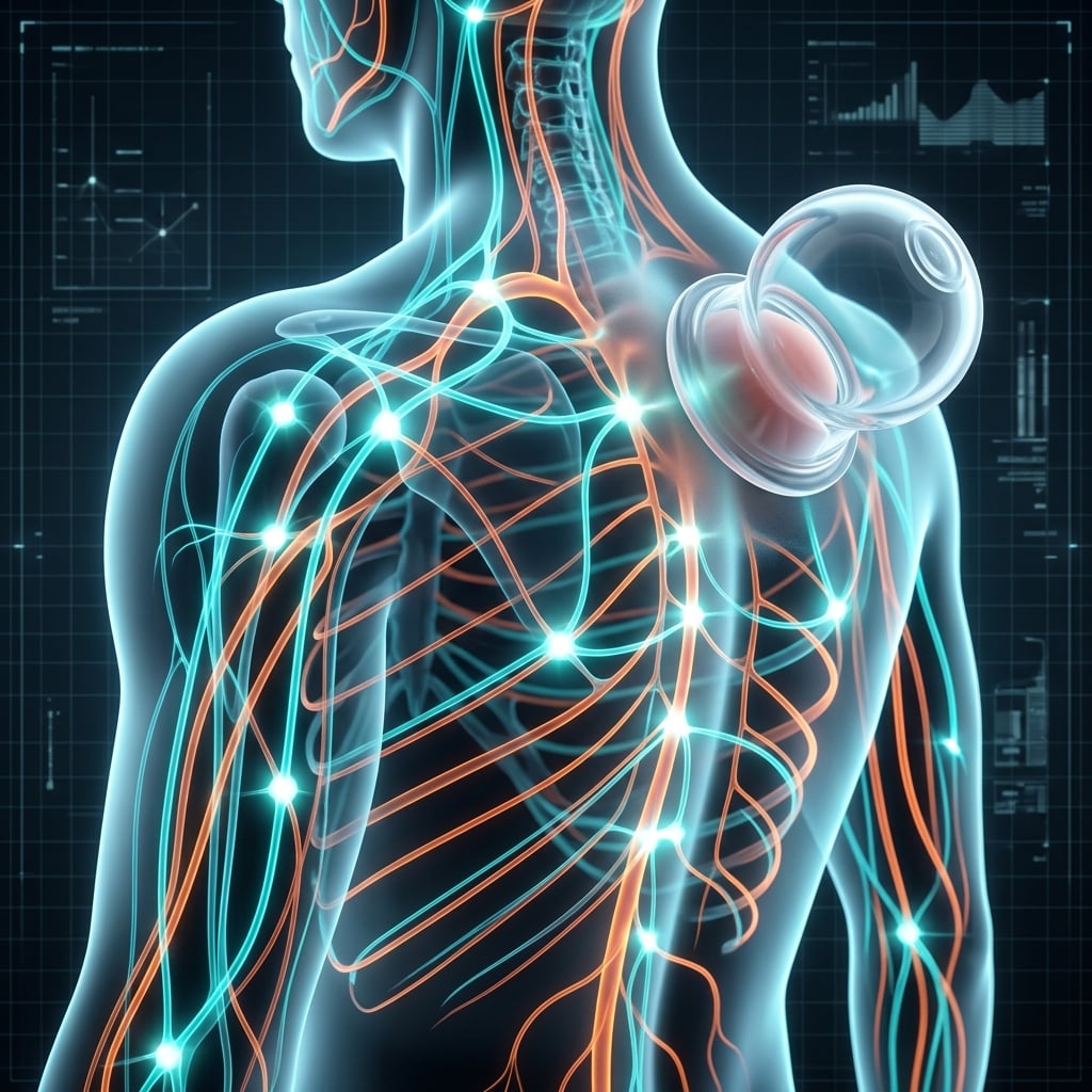 Futuristic 3D visualization of cupping decompression pulling Qi and Blood through intersected nodes