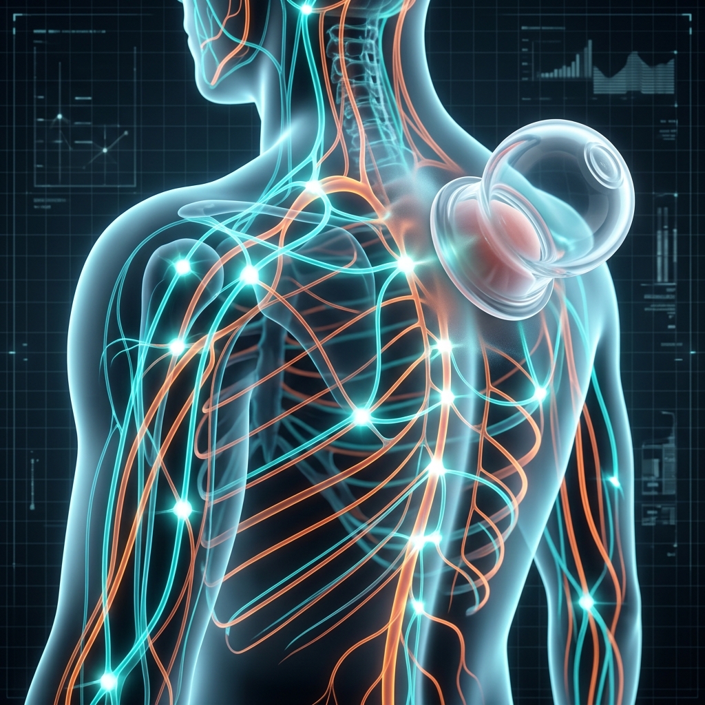 Futuristic 3D visualization of cupping decompression pulling Qi and Blood through intersected nodes
