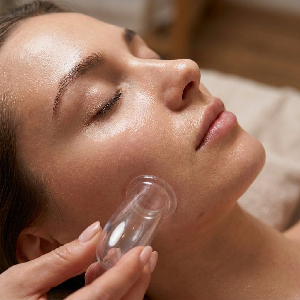 A Caucasian woman with glowing, plump skin demonstrating facial silicone cupping gliding along the jawline for lymphatic drainage