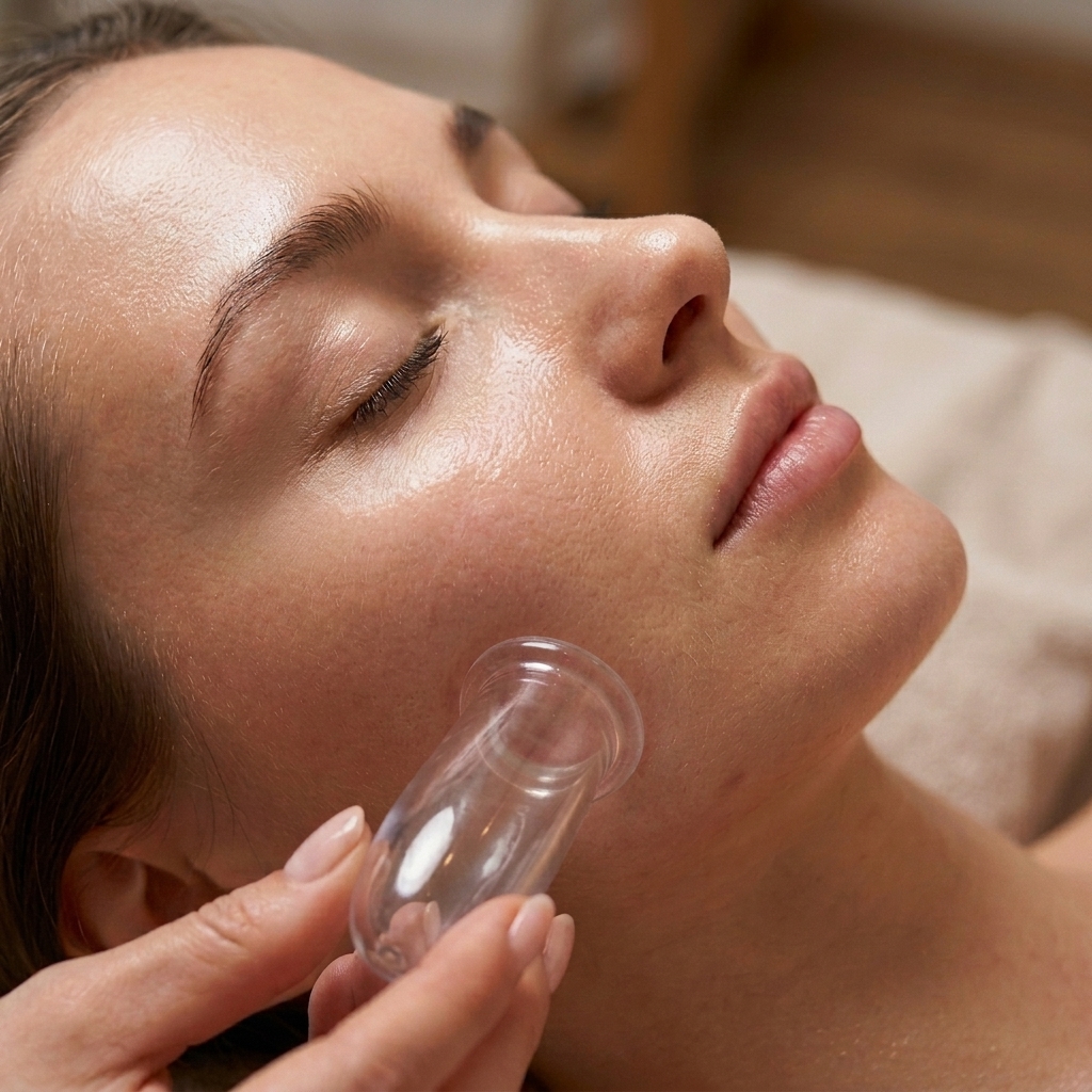 A Caucasian woman with glowing, plump skin demonstrating facial silicone cupping gliding along the jawline for lymphatic drainage