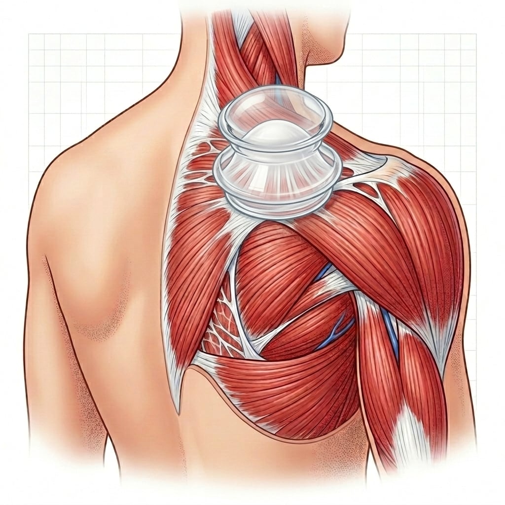 Clinical medical textbook illustration showing a human back where a silicone mushroom cup is pulling up the white fascial web, separating it from the red muscle fibers below.