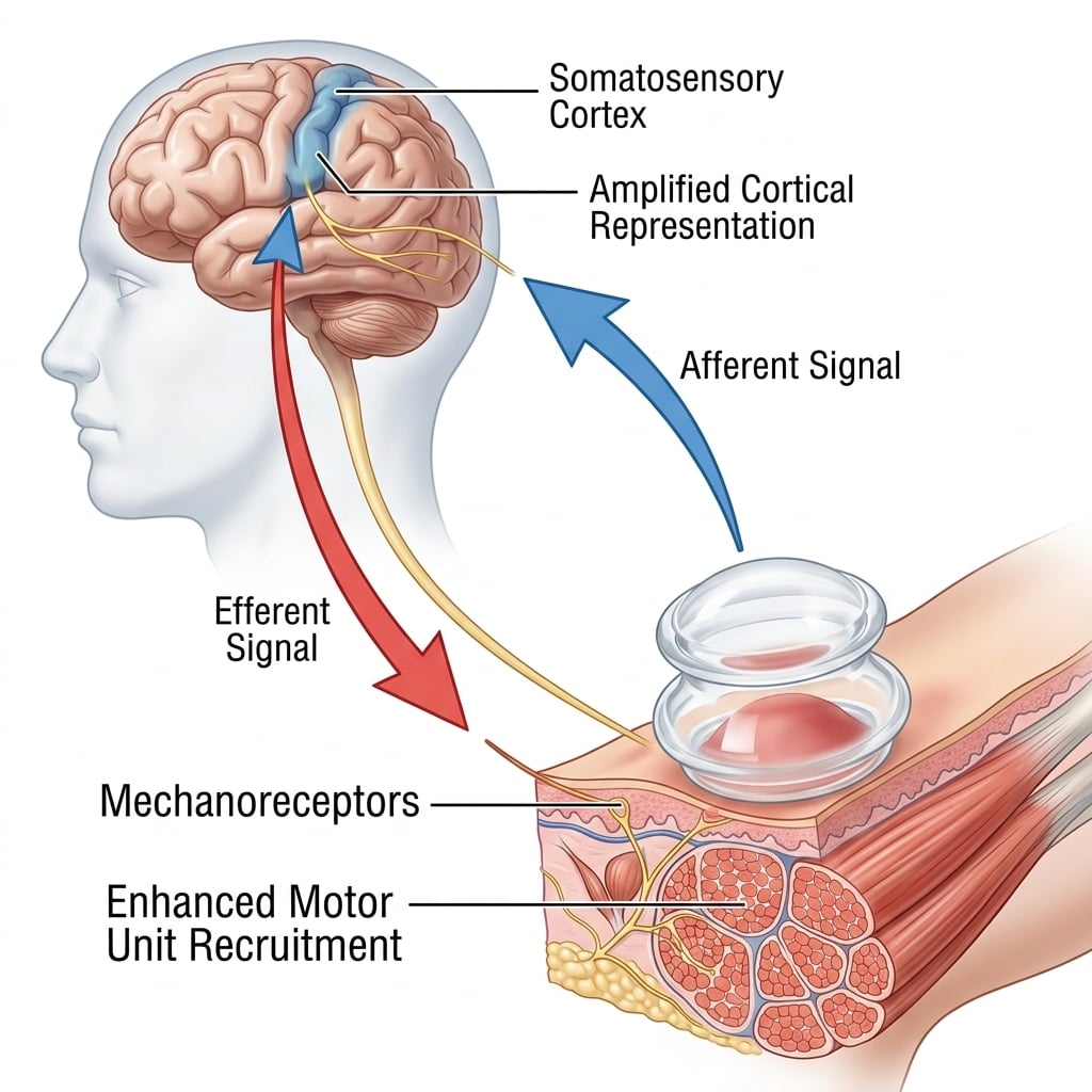 Biomechanical visualization showing a human silhouette and brain in the top left, a silicone cup on a muscle in the bottom right, and abstract arrows forming a bidirectional neural loop with text annotations like 'Afferent Signal'.