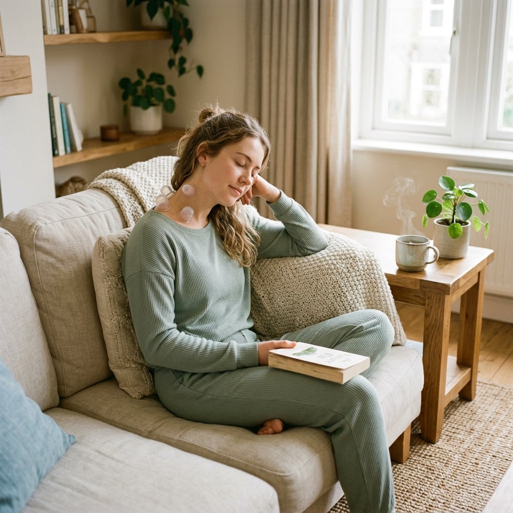 A woman relaxing on a sofa reading a book with translucent silicone cups on her shoulder creating a home spa experience.