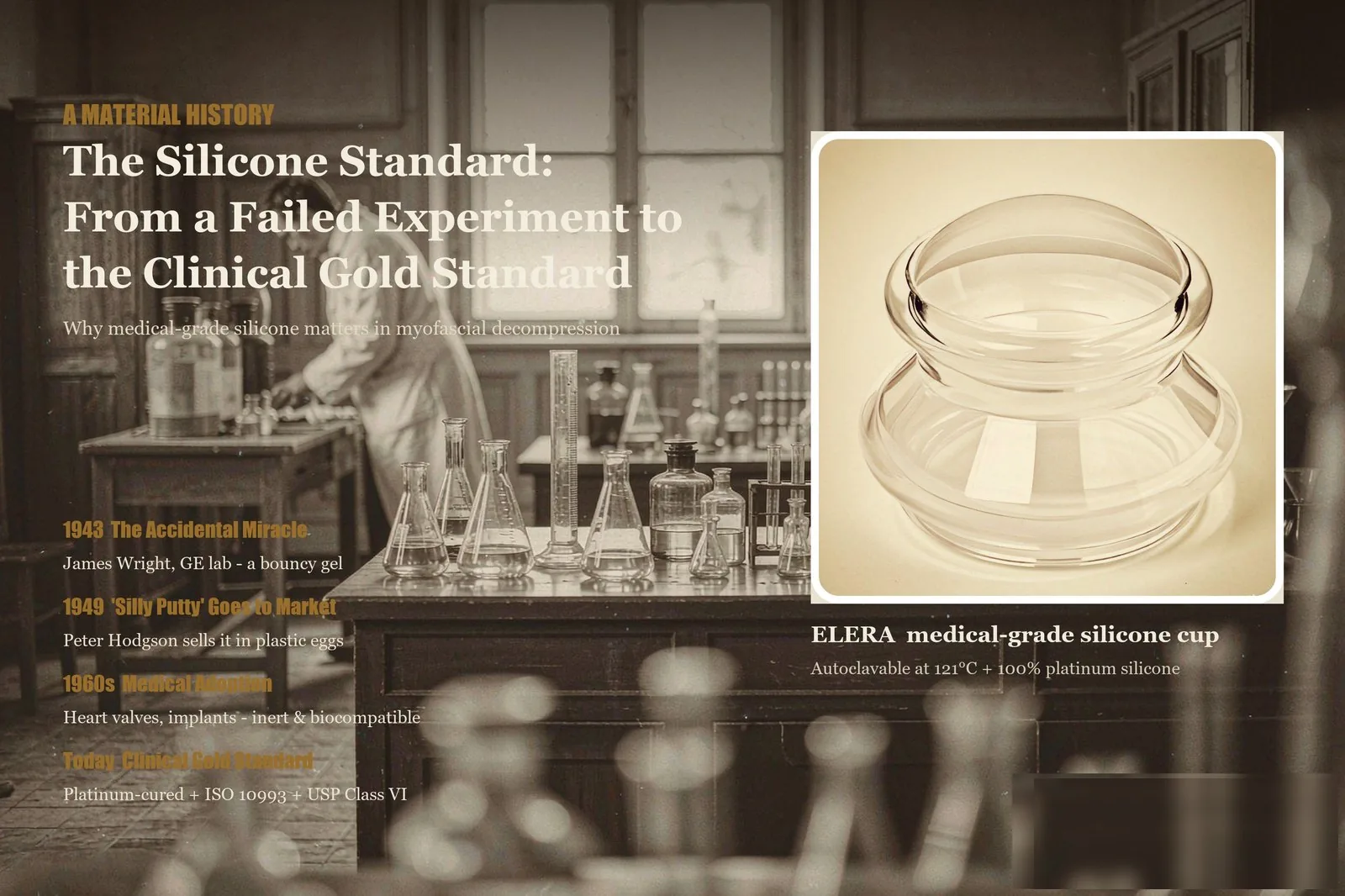 A material history timeline of medical-grade silicone and an ELERA medical-grade silicone cupping cup