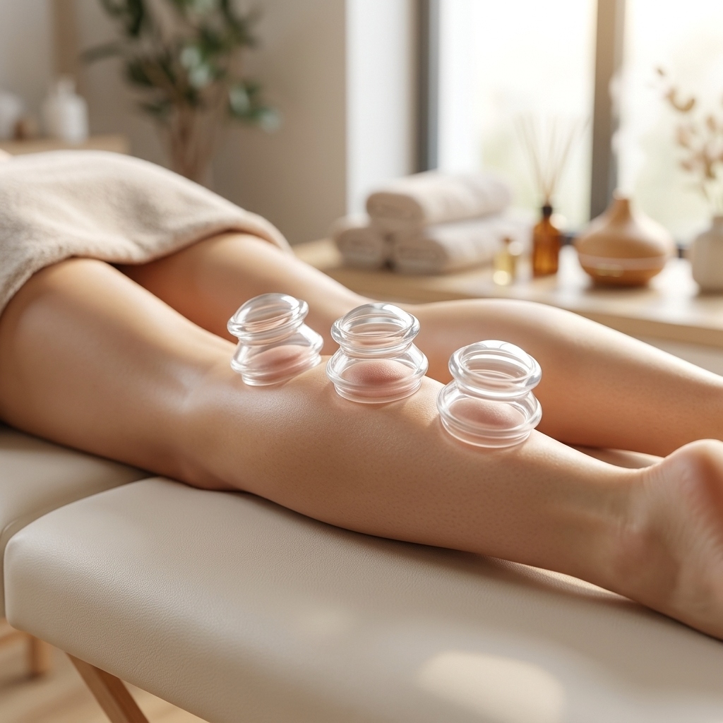 Clear silicone cupping devices applied to the calves to relieve plantar fasciitis and heel pain.