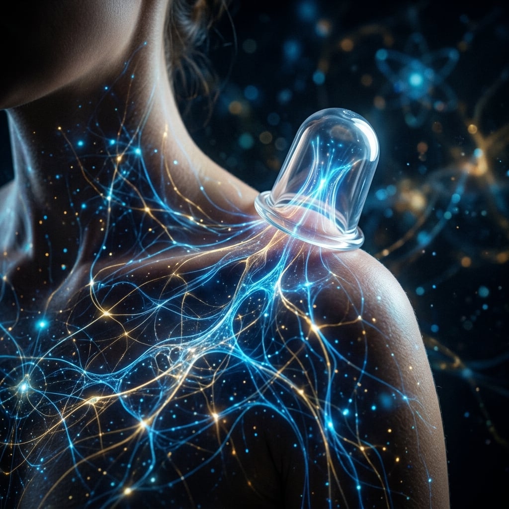 A quantum and philosophical representation of a transparent silicone cup lifting glowing energetic fascial networks beneath the skin.