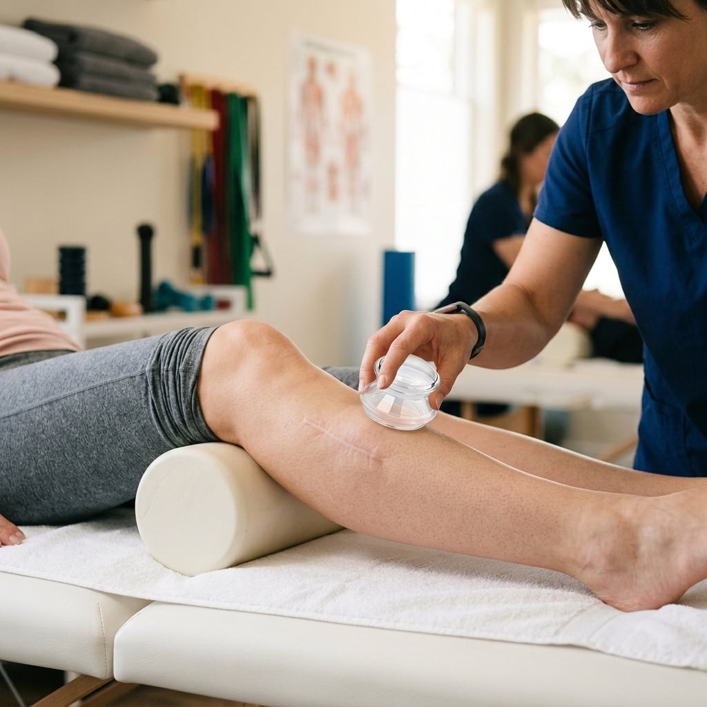 A physical therapist applying a clear silicone cupping device adjacent to a completely healed, mature surgical scar to release fascial adhesions.