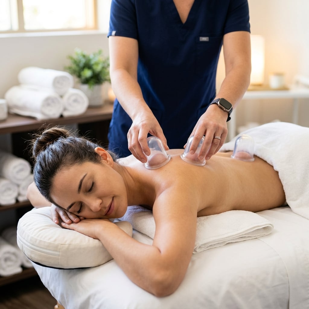 Medical-grade silicone cupping applied to the upper trapezius and shoulder area to relieve Tech Neck and myofascial trigger points.
