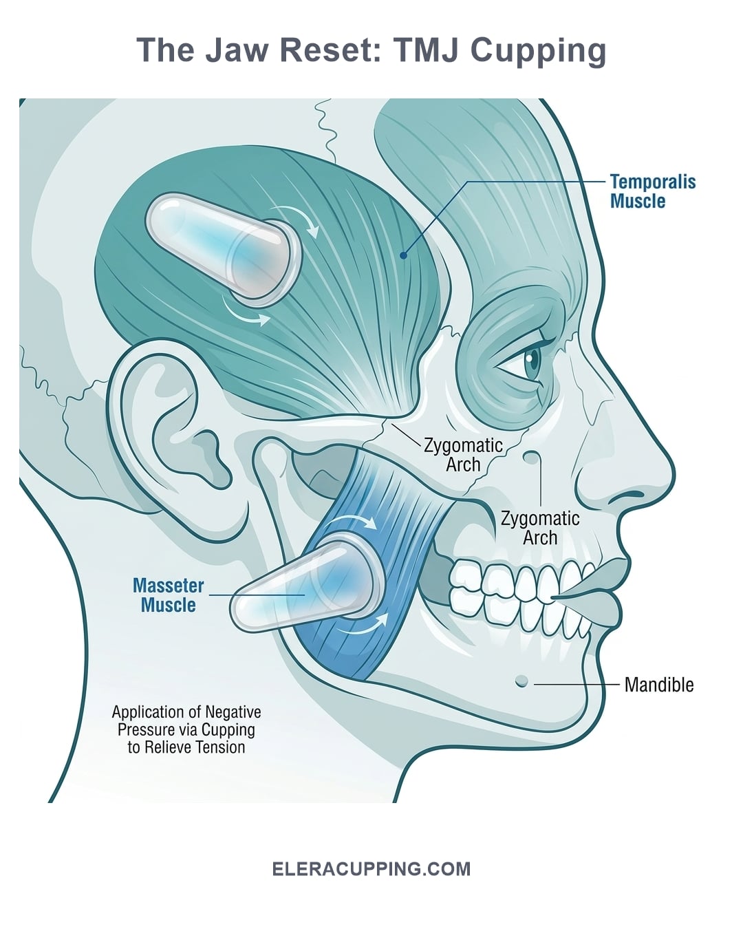 Anatomical infographic showing masseter and temporalis muscles with small silicone cup positions for TMJ disorder treatment.
