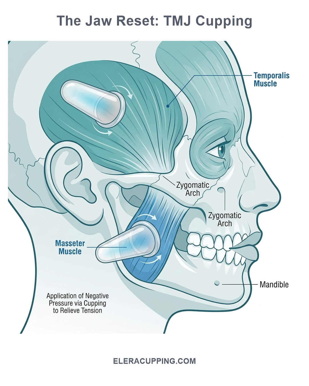 Anatomical infographic showing masseter and temporalis muscles with small silicone cup positions for TMJ disorder treatment.