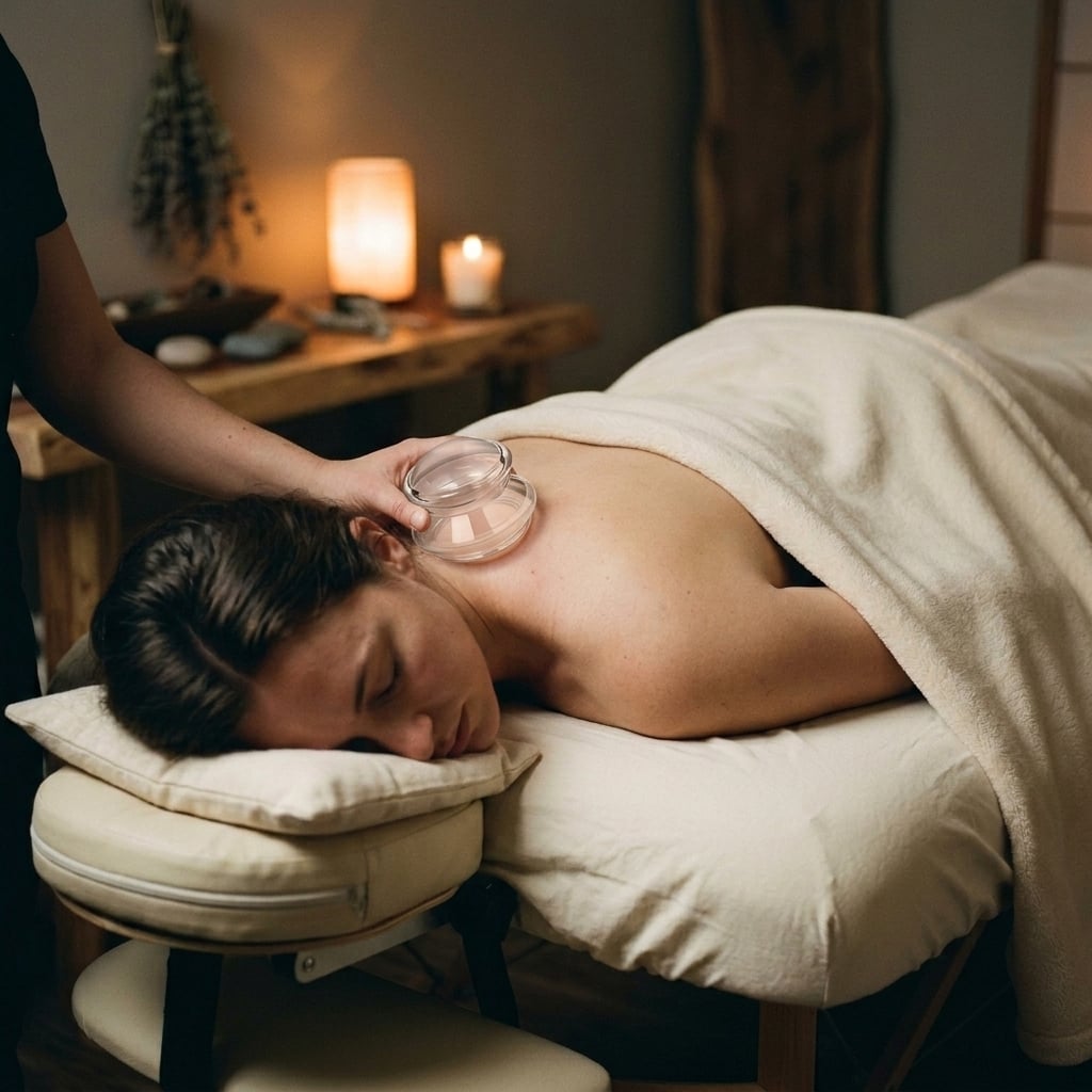 A person in deep sleep receiving a relaxing silicone cupping treatment on their shoulder to stimulate the vagus nerve.