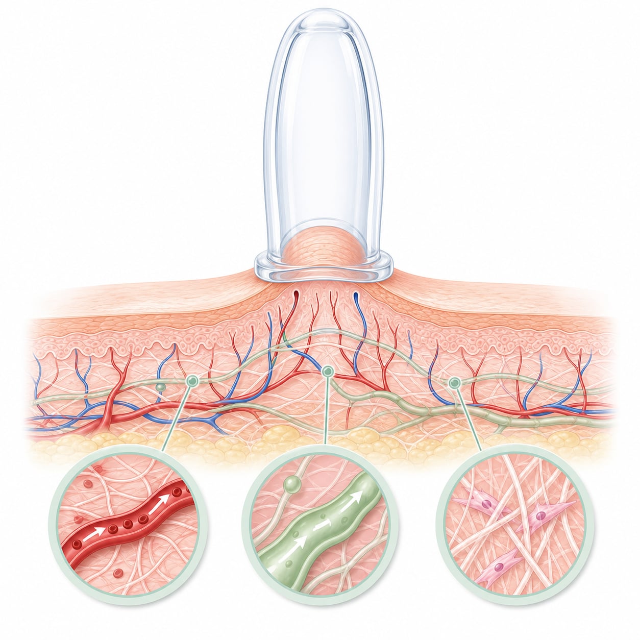 Scientific illustration of microcirculation and superficial fluid movement during facial cupping.