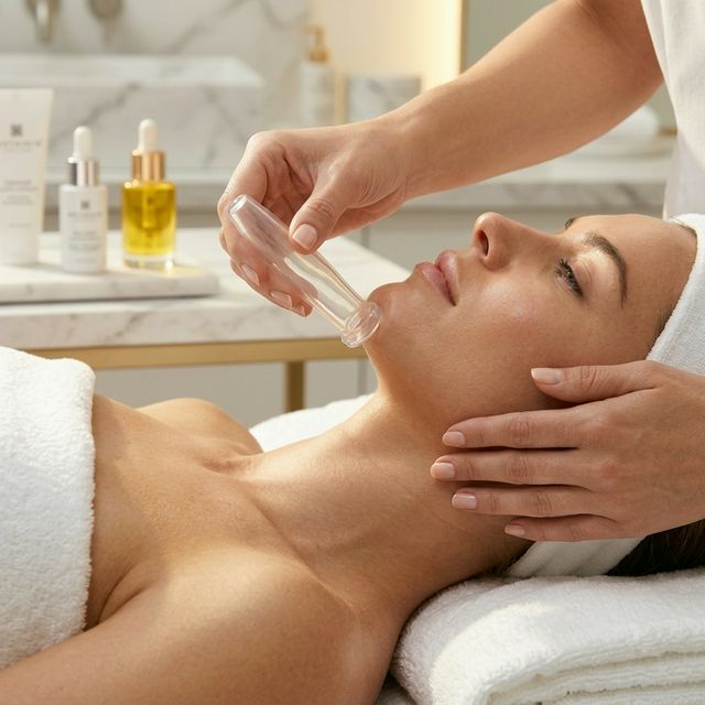 Esthetician performing facial cupping therapy
